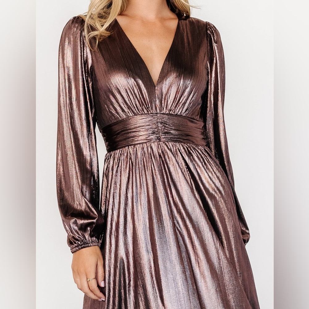 Baltic Born Bronze Shimmer Midi Dress Long Sleeve Cocktail Wedding Guest M - Picture 3 of 16